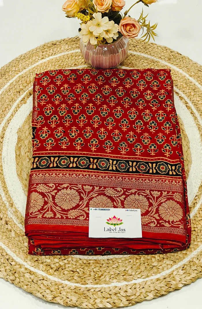 Dola Silk Saree with Ajrakh Handblock Print 2 Main image
