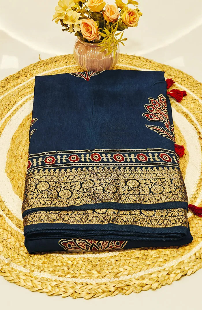 Dola Silk Saree with Ajrakh Handblock Print 7 Main image