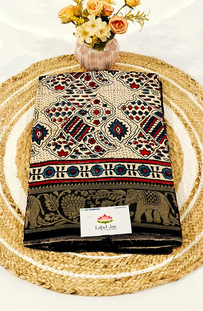 Dola Silk Saree with Ajrakh Handblock Print 8 Main image