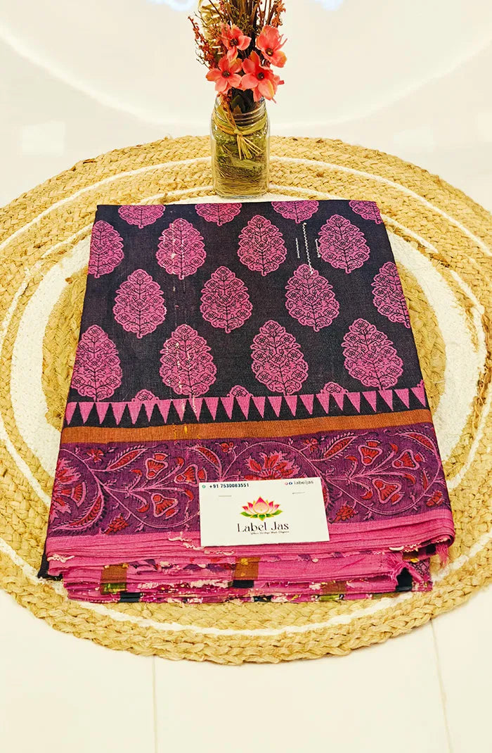 Premium Dupion Silk saree with block print 2 Main image
