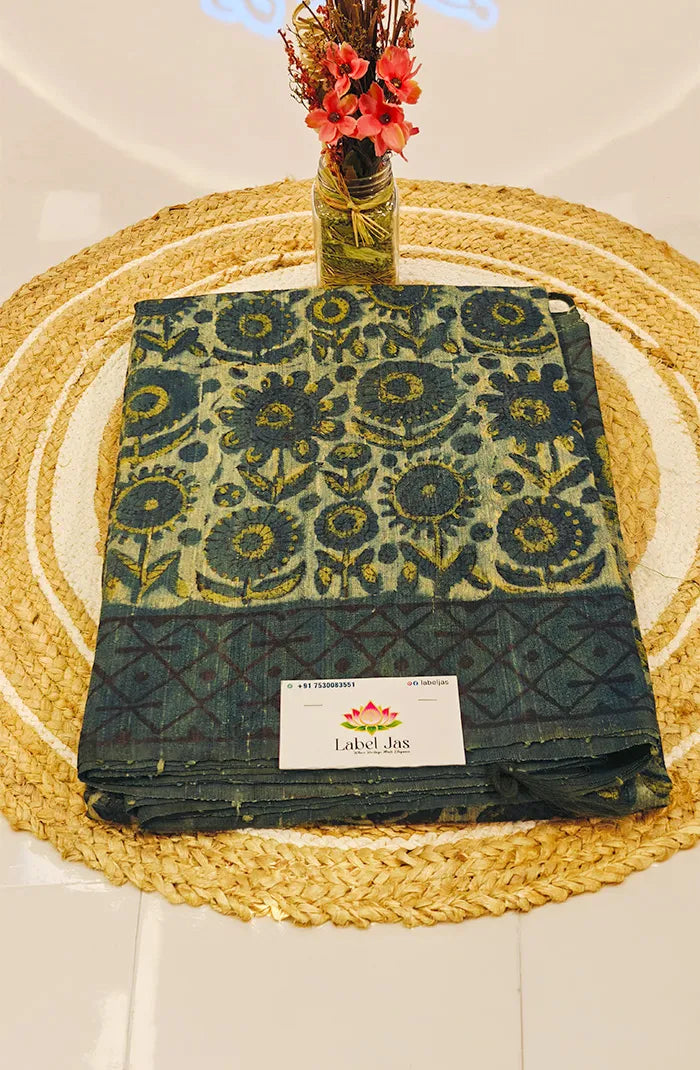 Premium Dupion Silk saree with block print 5 Main image