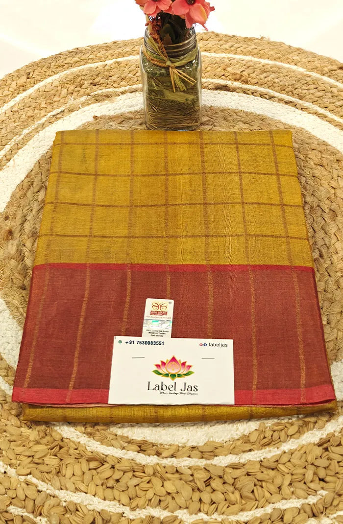 Yellow Zari Checked Tussar Saree Main image