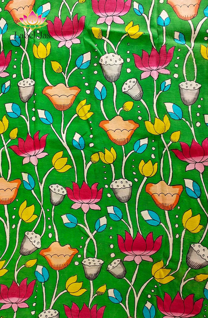 Premium Bangalore Silk Hand-Painted Pen Kalamkari -Green floral