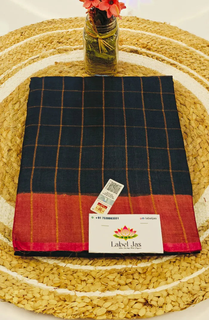 Black Zari Checked Tussar Saree Main image