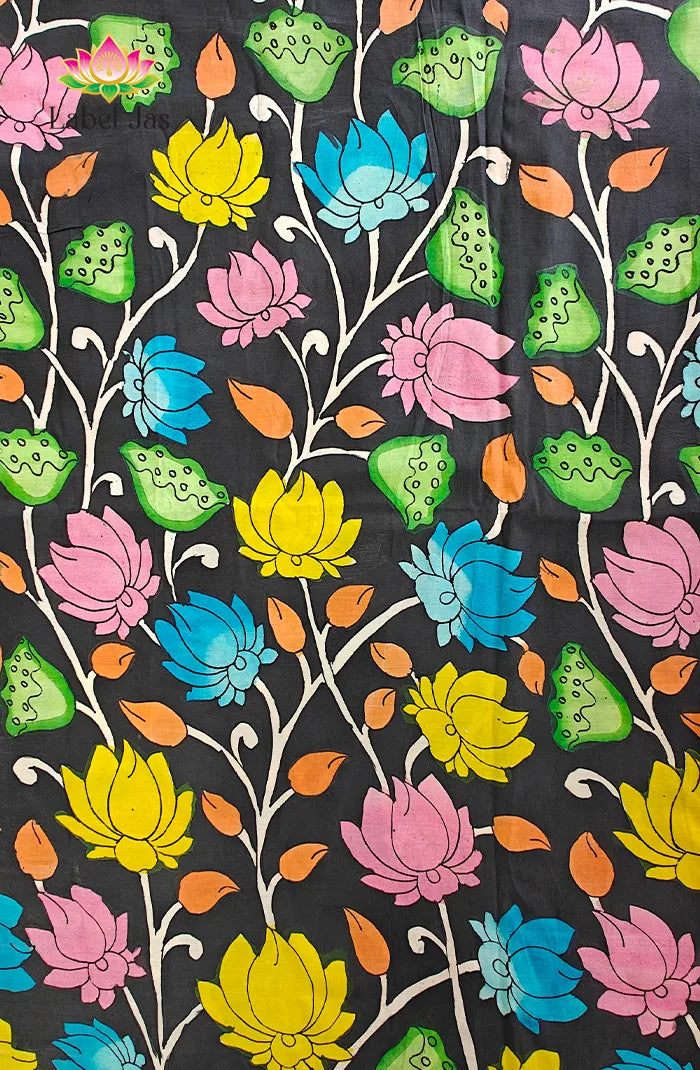 Premium Bangalore Silk Hand-Painted Pen Kalamkari -Black floral