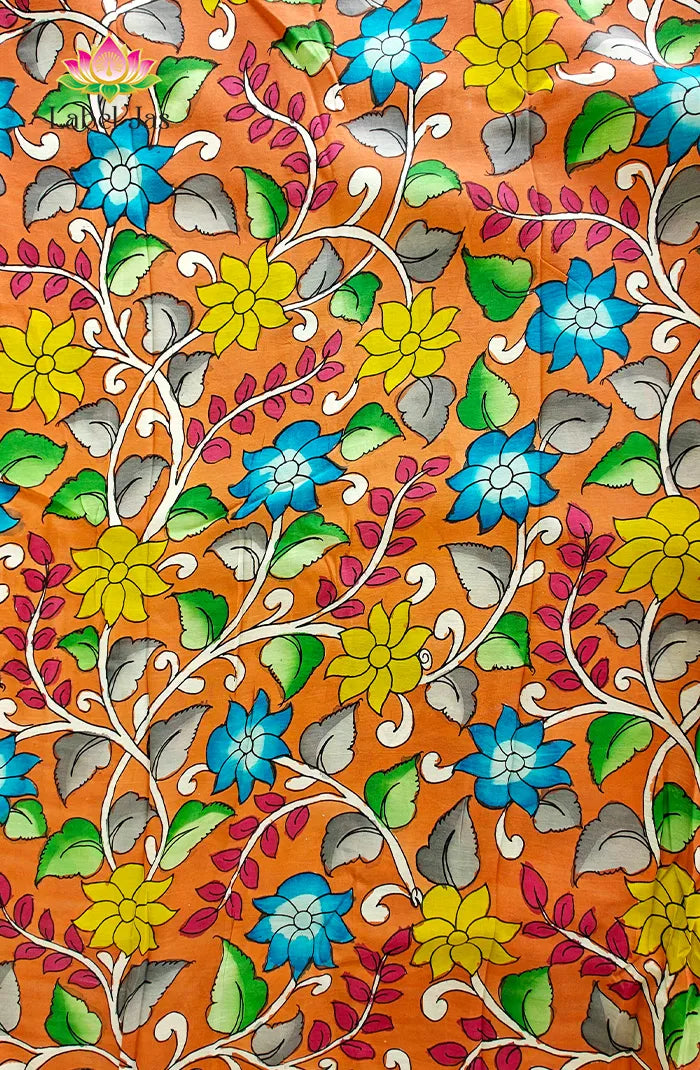 Premium Bangalore Silk Hand-Painted Pen Kalamkari -Orange floral Secondary image