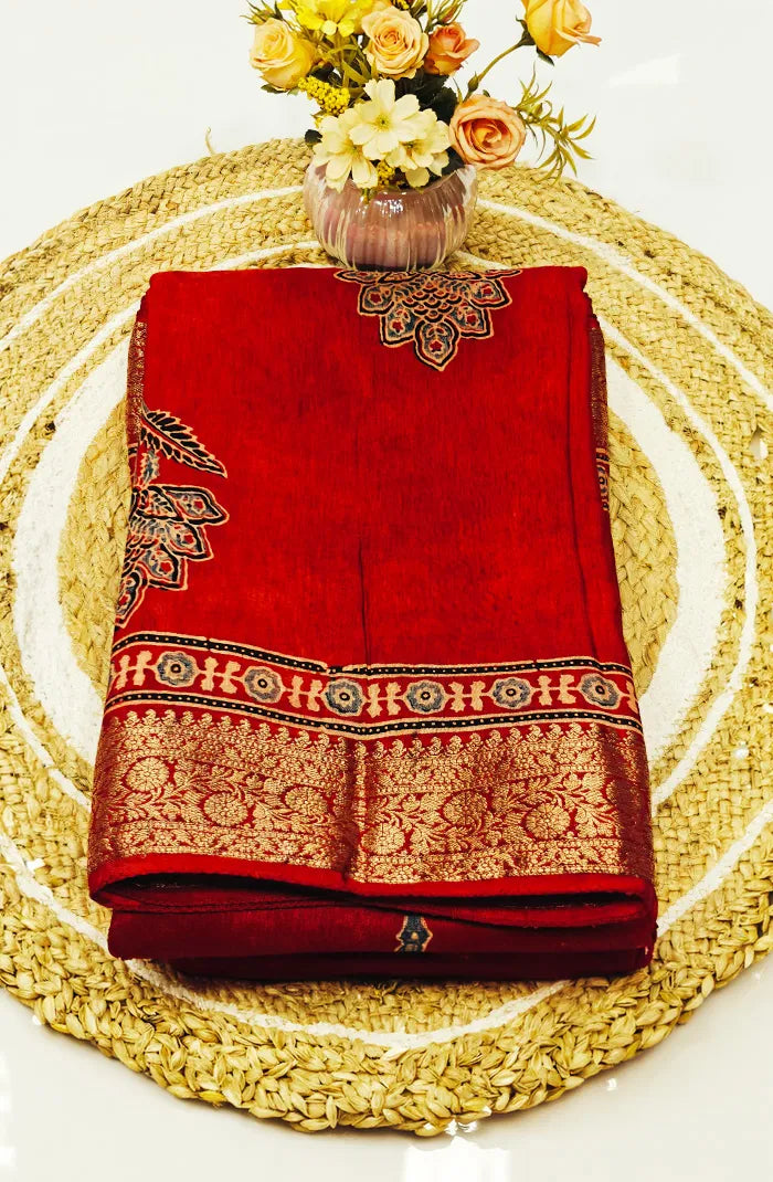 Dola Silk Saree with Ajrakh Handblock Print 5 Main image