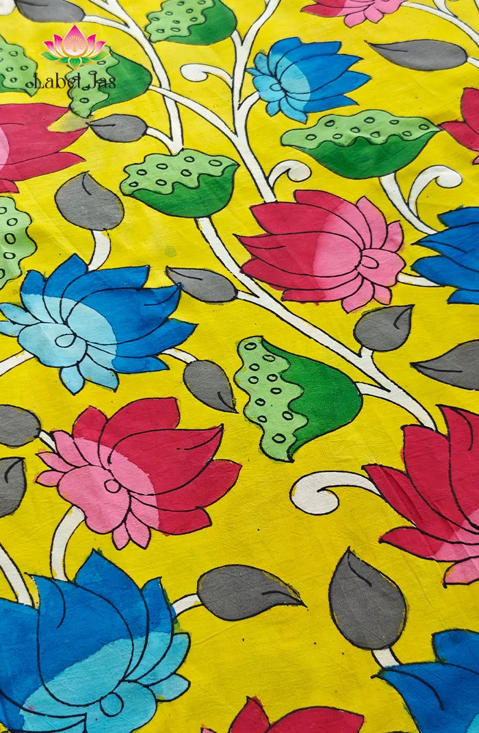 Premium Bangalore Silk Hand-Painted Pen Kalamkari -Yellow floral