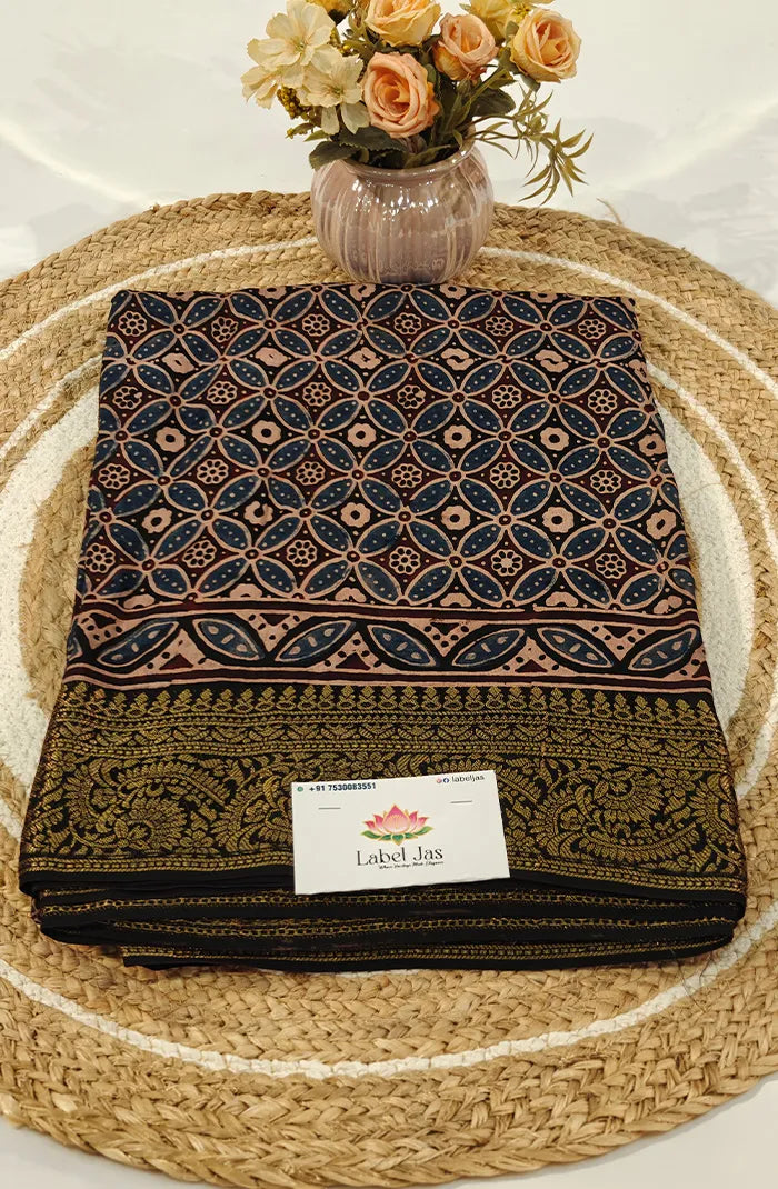 Dola Silk Saree with Ajrakh Handblock Print Main image