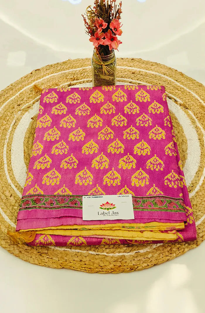 Premium Dupion Silk saree with block print 1 Main image