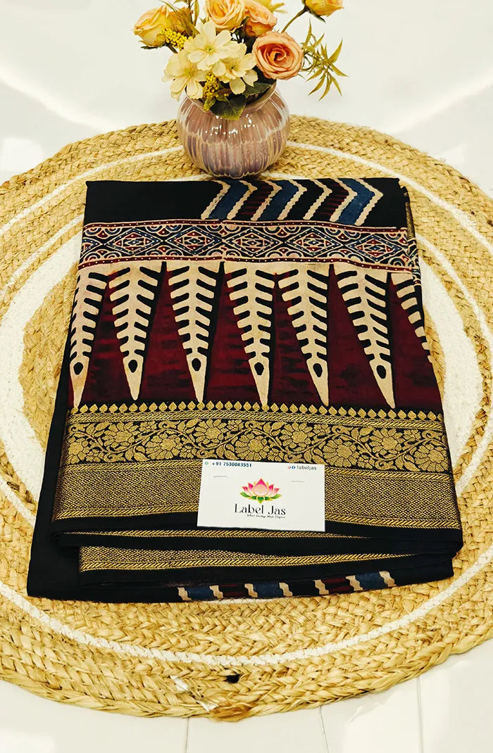 Dola Silk Saree with Ajrakh Handblock Print 9 Main image