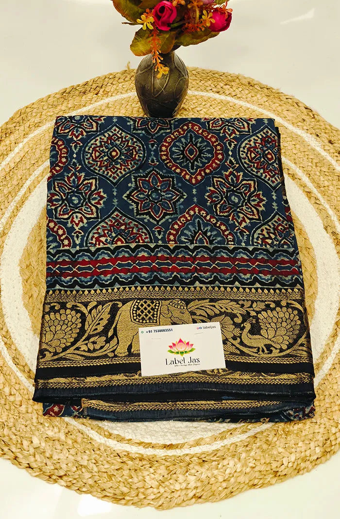 Dola Silk Saree with Ajrakh Handblock Print 3 Main image