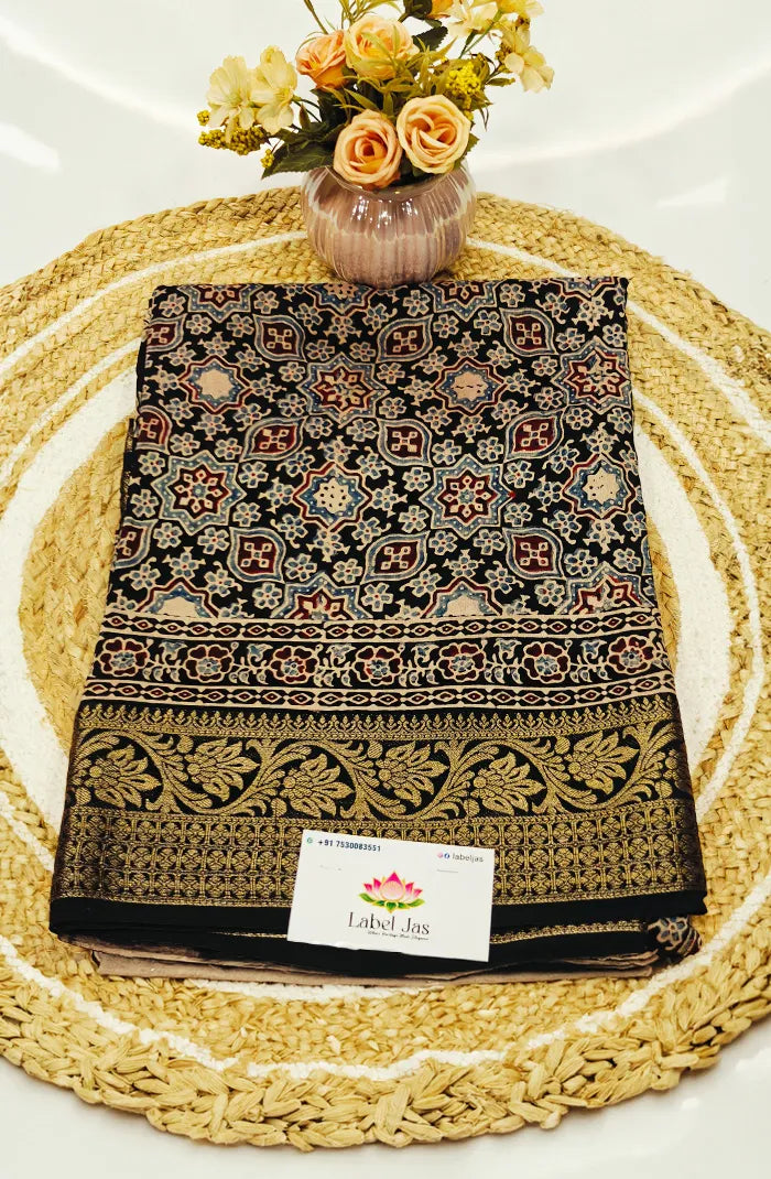 Dola Silk Saree with Ajrakh Handblock Print 6 Main image