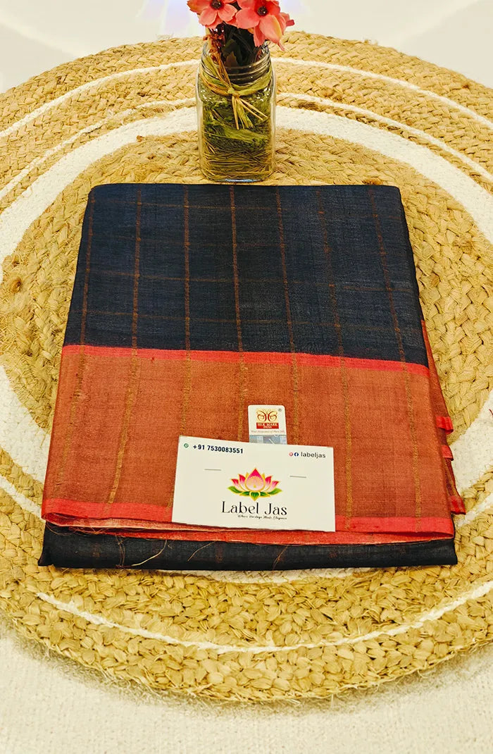 Elephant Grey Zari Checked Tussar Saree Main image