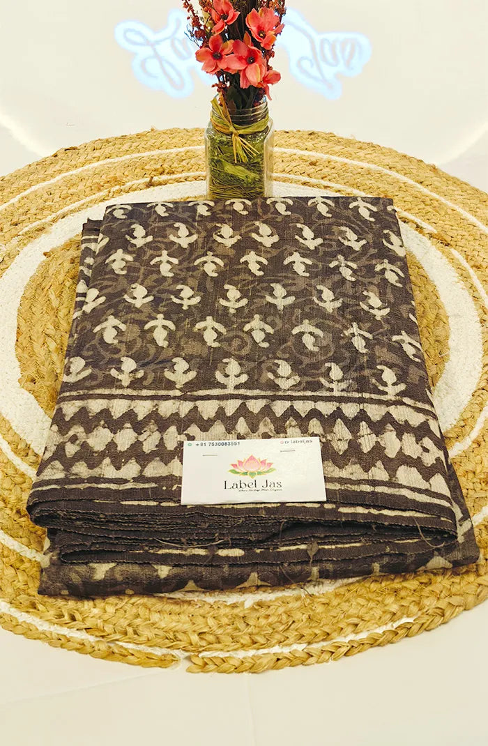 Premium Dupion Silk saree with block print 6 Main image
