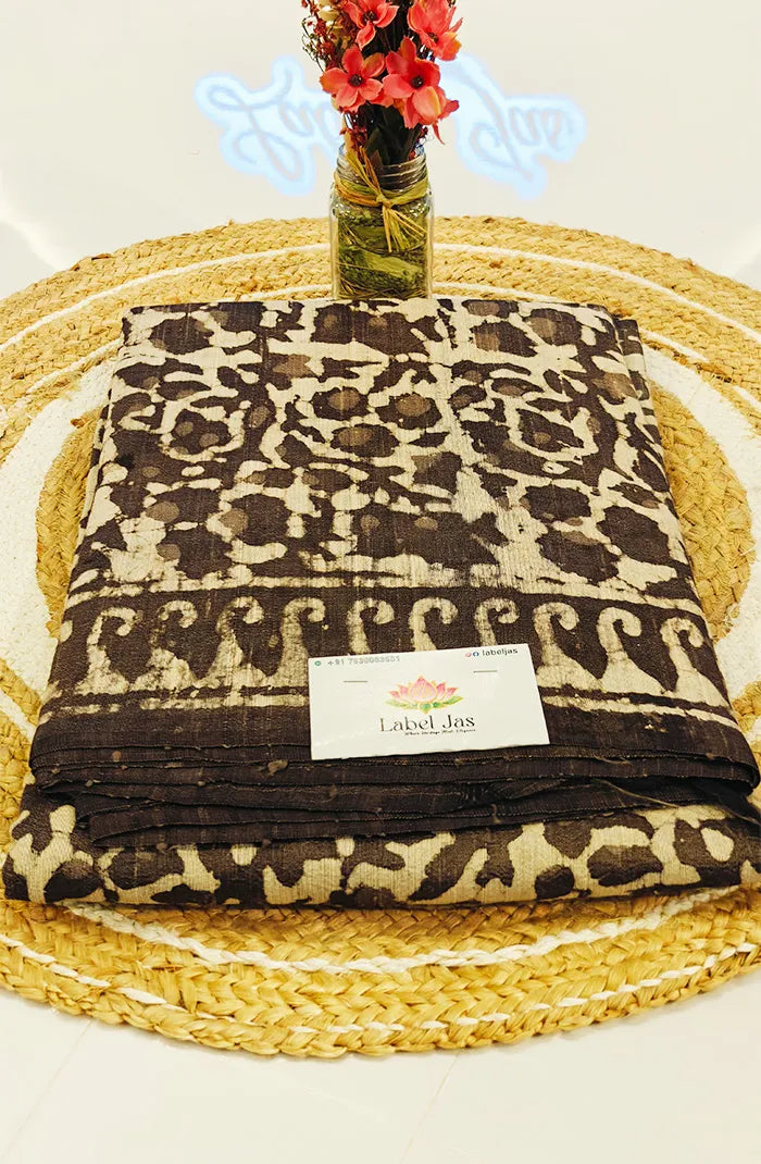 Premium Dupion Silk saree with block print 7 Main image