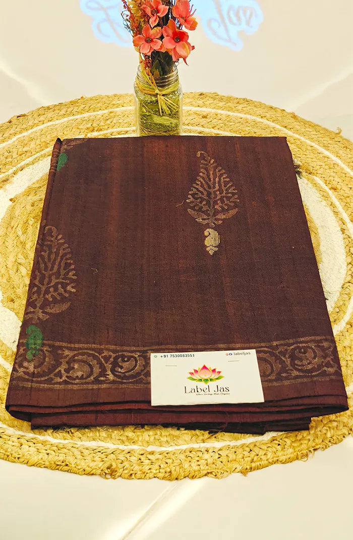 Premium Dupion Silk saree with block print 4 Main image
