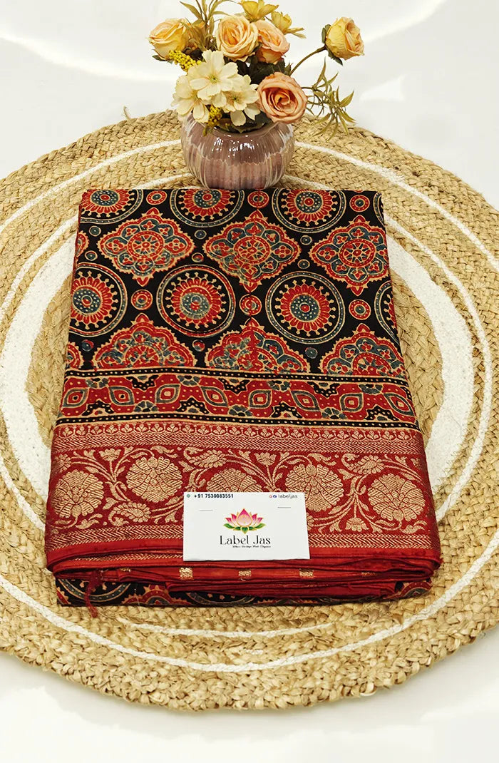 Dola Silk Saree with Ajrakh Handblock Print 4 Main image