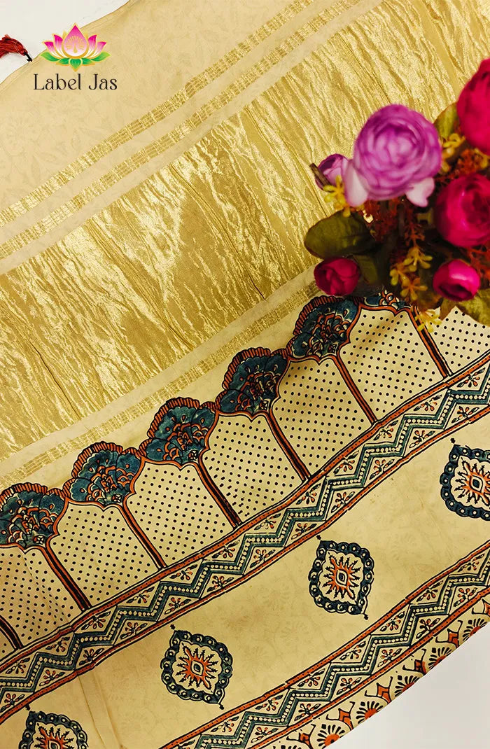 Modal Silk with Ajrakh Handblock Print Saree 2 Secondary image