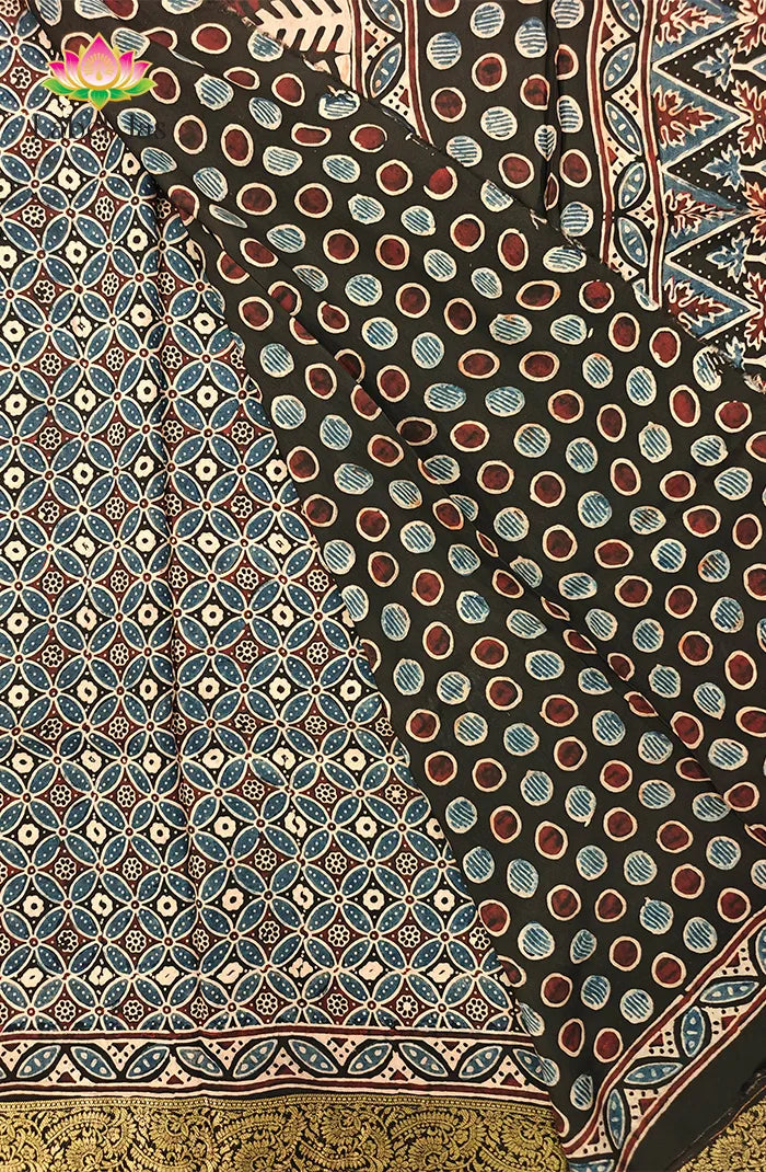 Dola Silk Saree with Ajrakh Handblock Print Secondary image