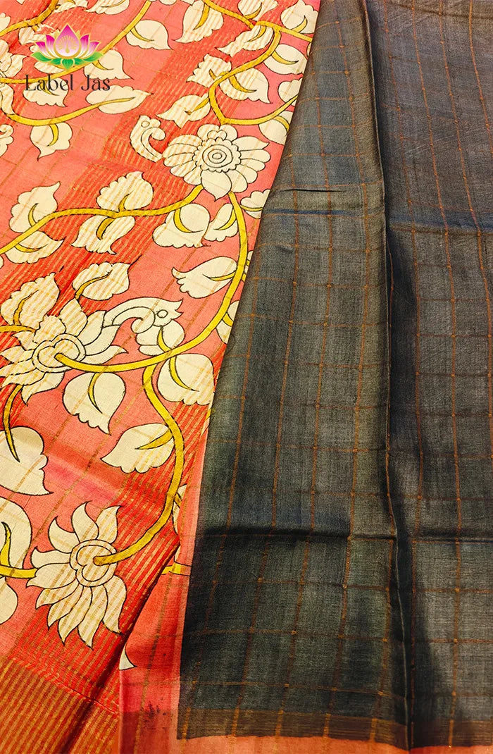 Elephant Grey Zari Checked Tussar Saree Secondary image