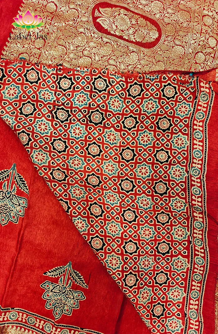 Dola Silk Saree with Ajrakh Handblock Print 5 Secondary image