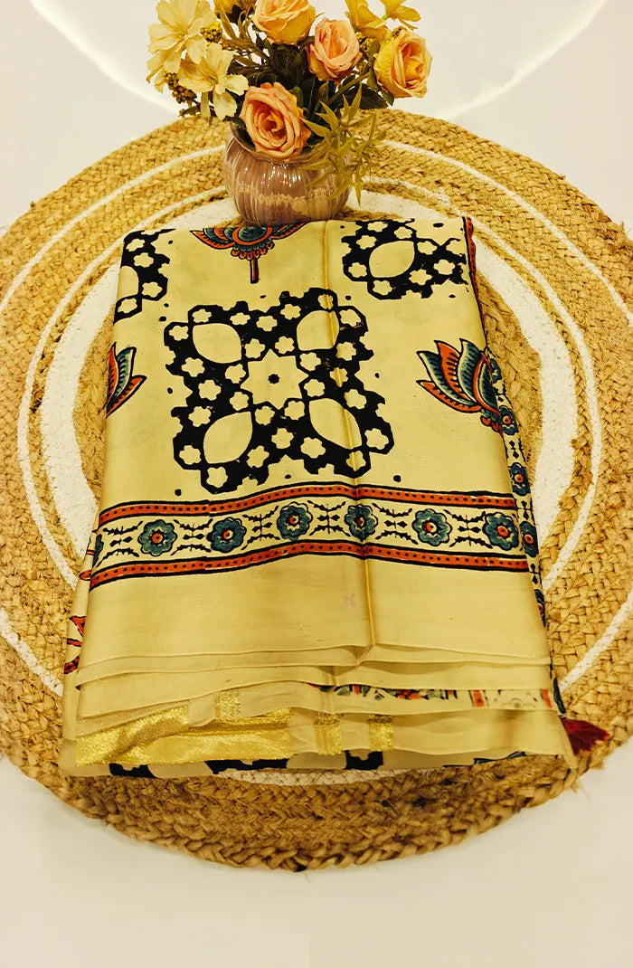 Modal Silk with Ajrakh Handblock Print Saree 3 Main image