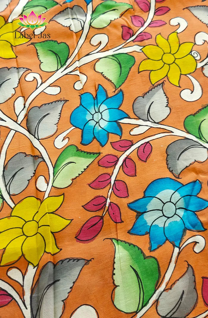 Premium Bangalore Silk Hand-Painted Pen Kalamkari -Orange floral