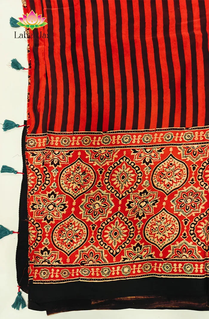 Modal Silk with Ajrakh Handblock Print Saree 7 Secondary image