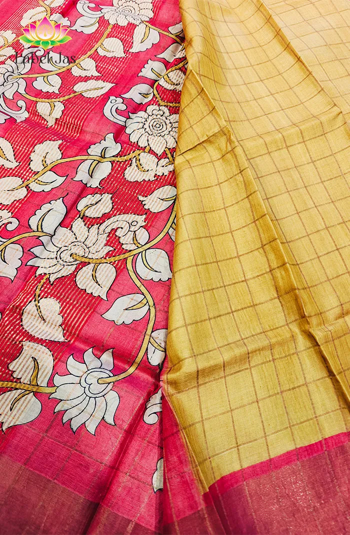 Yellow Zari Checked Tussar Saree Secondary image