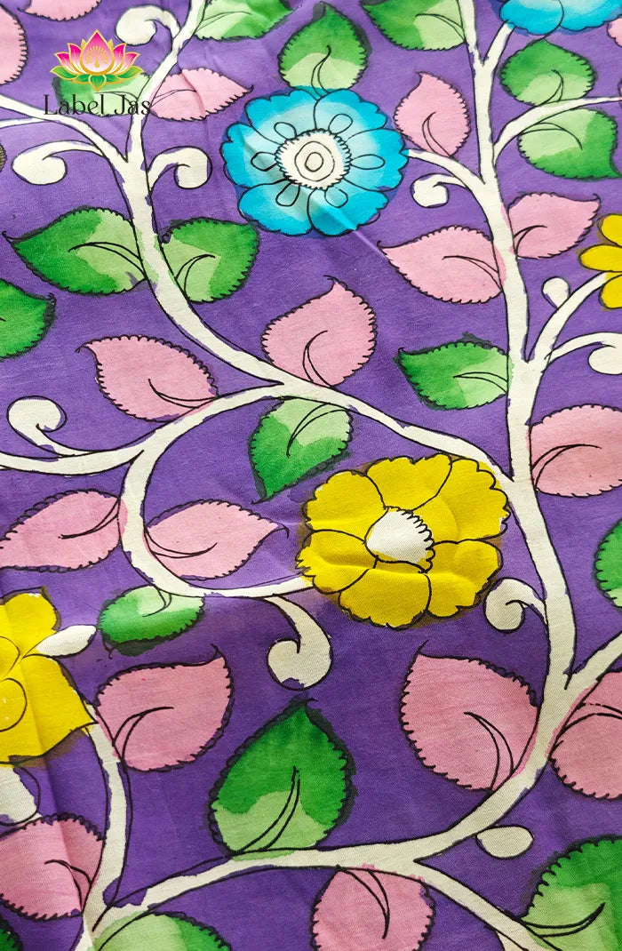 Premium Bangalore Silk Hand-Painted Pen Kalamkari -Lavender floral Main image