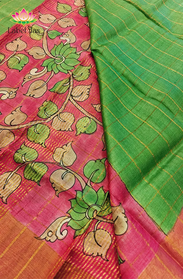 Green Zari Checked Tussar Saree Secondary image