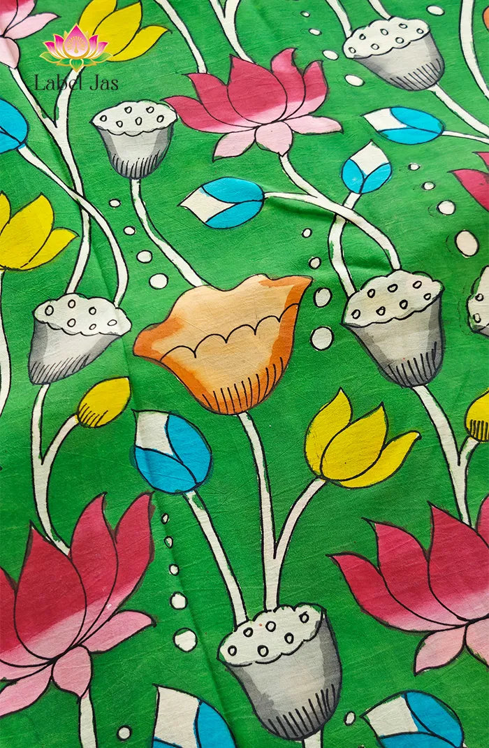 Premium Bangalore Silk Hand-Painted Pen Kalamkari -Green floral