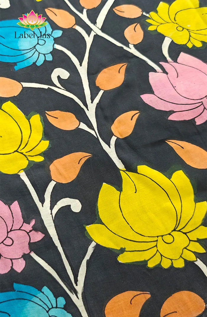 Premium Bangalore Silk Hand-Painted Pen Kalamkari -Black floral
