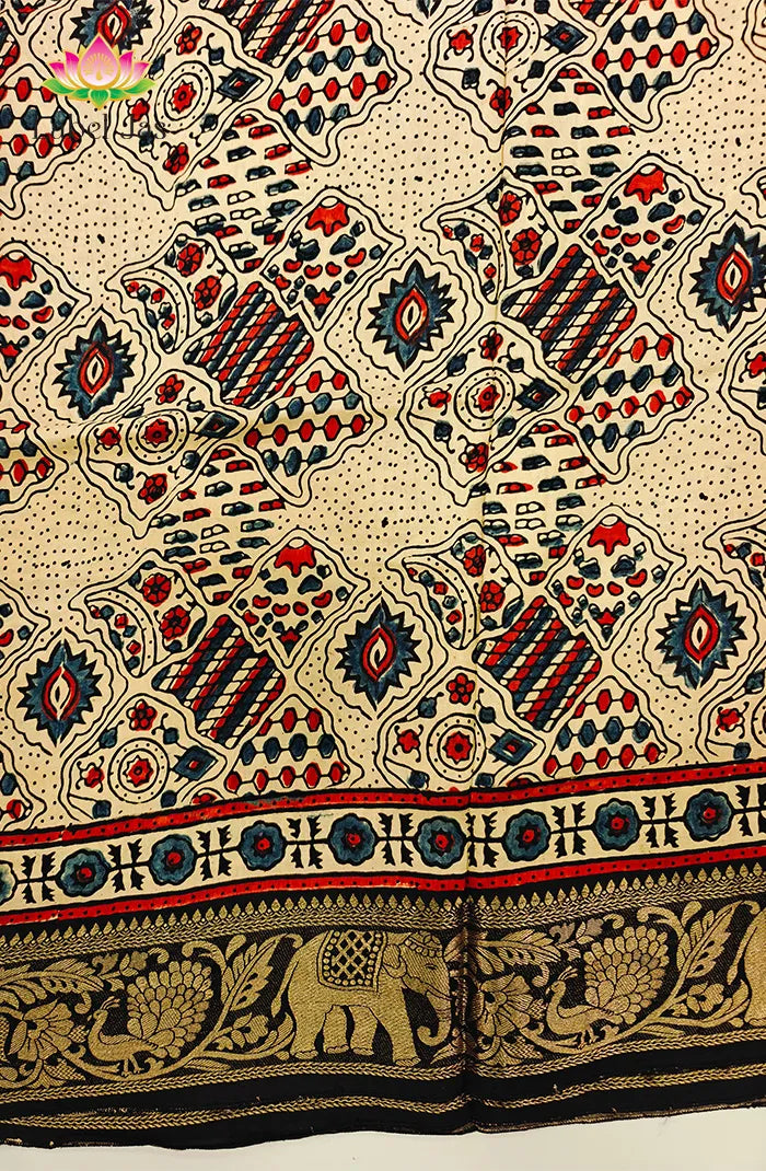 Dola Silk Saree with Ajrakh Handblock Print 8 Secondary image