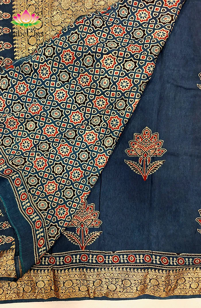 Dola Silk Saree with Ajrakh Handblock Print 7 Secondary image