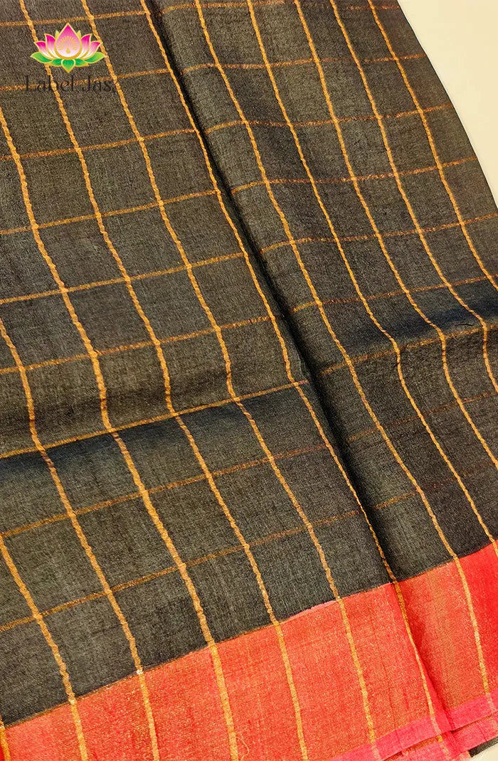 Black Zari Checked Tussar Saree Secondary image