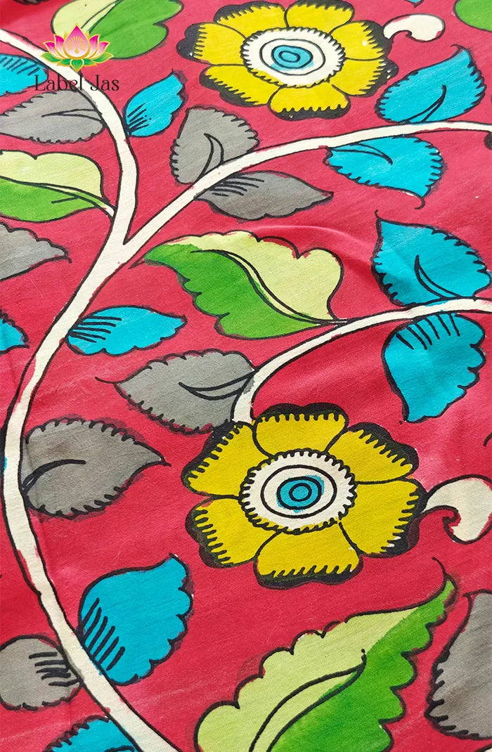 Premium Bangalore Silk Hand-Painted Pen Kalamkari -Red floral