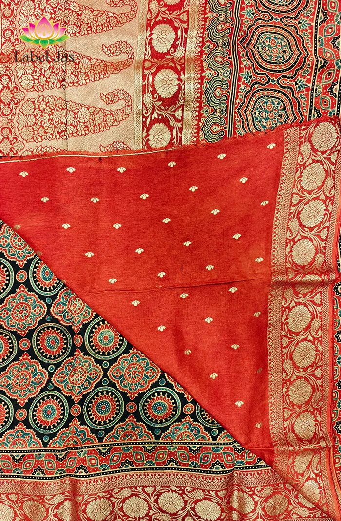 Dola Silk Saree with Ajrakh Handblock Print 4 Secondary image
