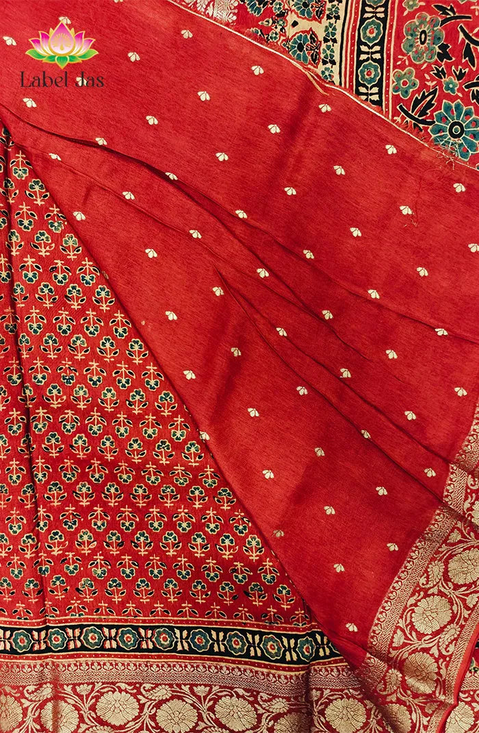 Dola Silk Saree with Ajrakh Handblock Print 2