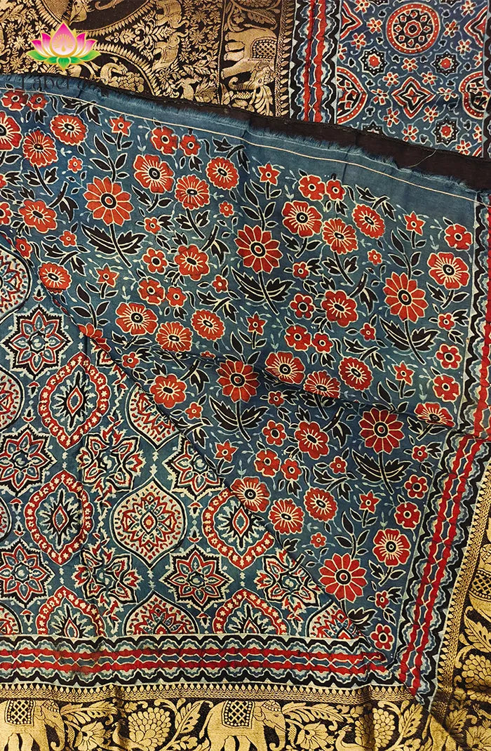 Dola Silk Saree with Ajrakh Handblock Print 3 Secondary image