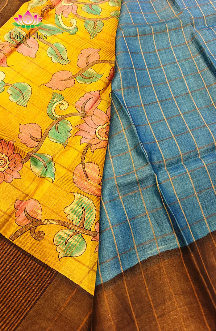 Blue Zari Checked Tussar Saree Secondary image