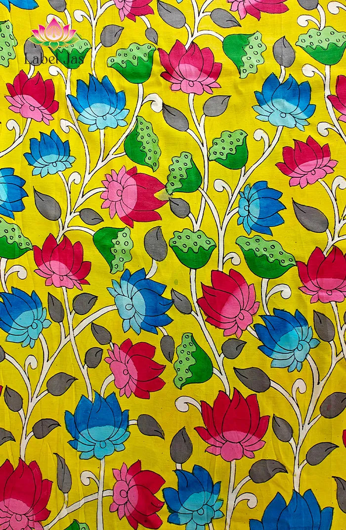 Premium Bangalore Silk Hand-Painted Pen Kalamkari -Yellow floral Secondary image
