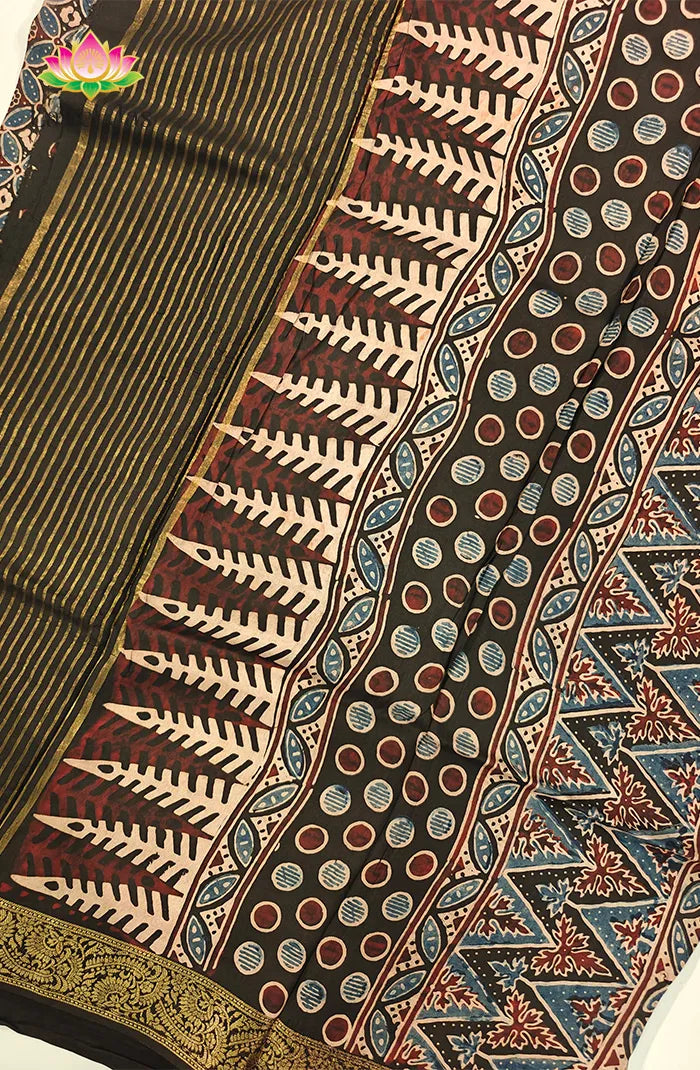 Dola Silk Saree with Ajrakh Handblock Print