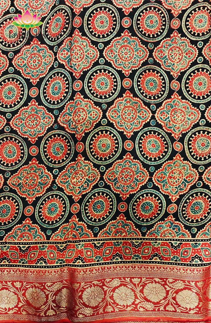 Dola Silk Saree with Ajrakh Handblock Print 4