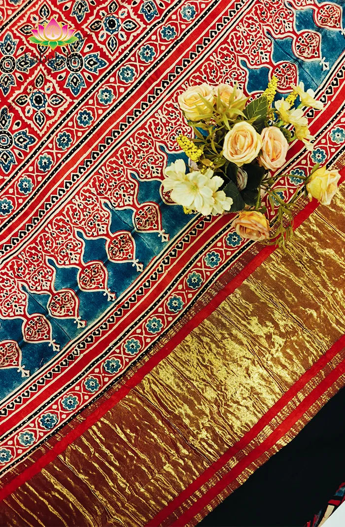 Modal Silk with Ajrakh Handblock Print Saree 8 Secondary image