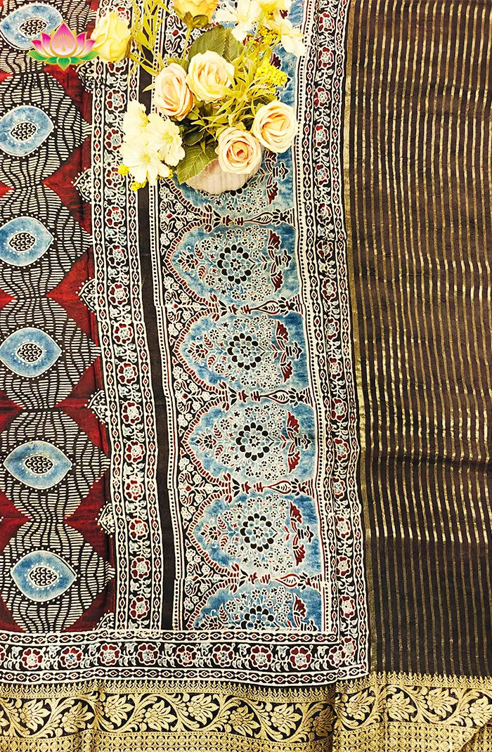 Dola Silk Saree with Ajrakh Handblock Print 6