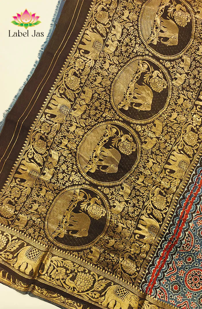 Dola Silk Saree with Ajrakh Handblock Print 3