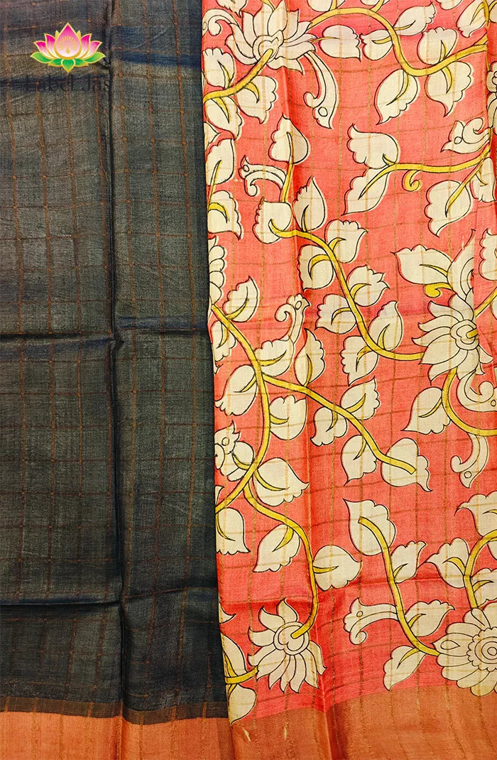 Elephant Grey Zari Checked Tussar Saree