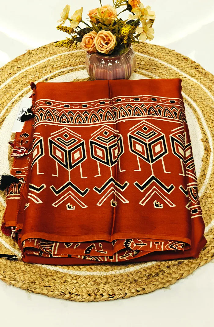 Modal Silk with Ajrakh Handblock Print Saree 9 Main image